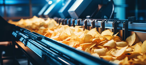 Versgebakken chips op een transportband in een voedingsproductielijn